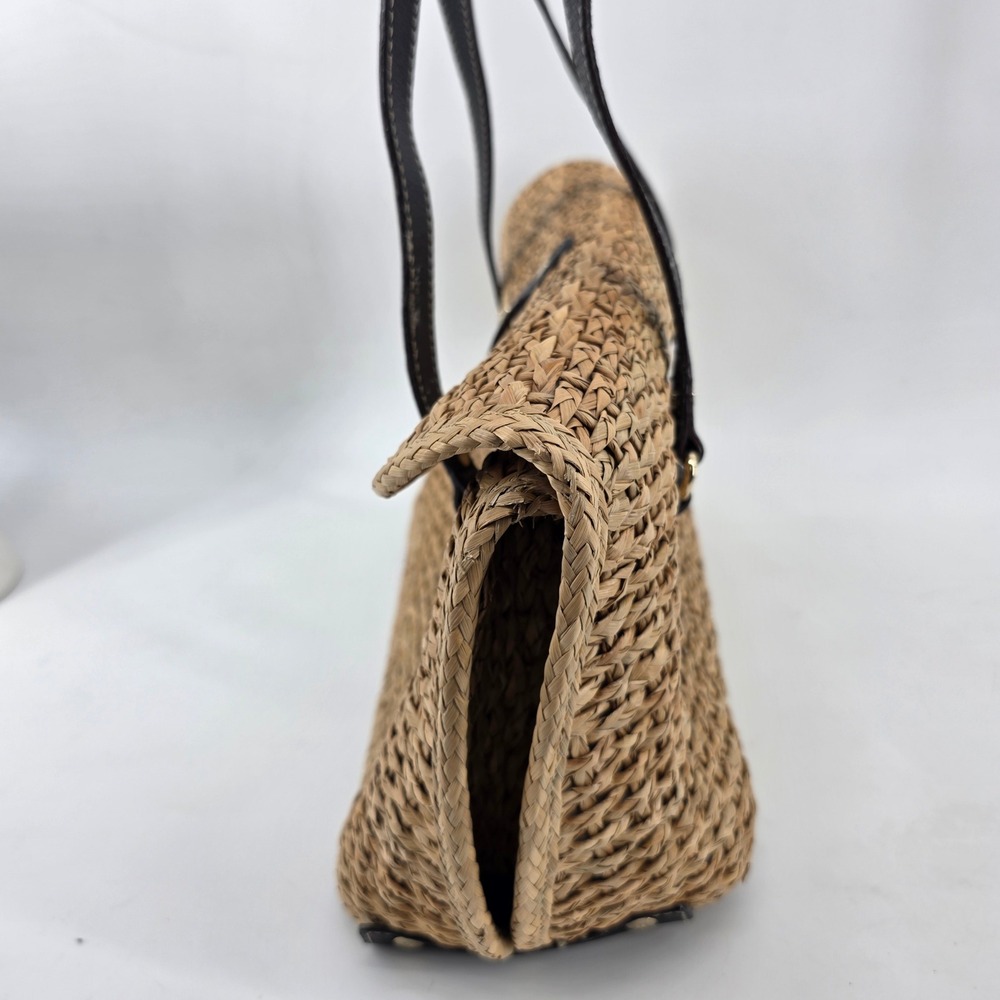 Kate Spade New York Woven Straw Shoulder Bag Tan Black Leather Trim Turnlock - Picture 2 of 12